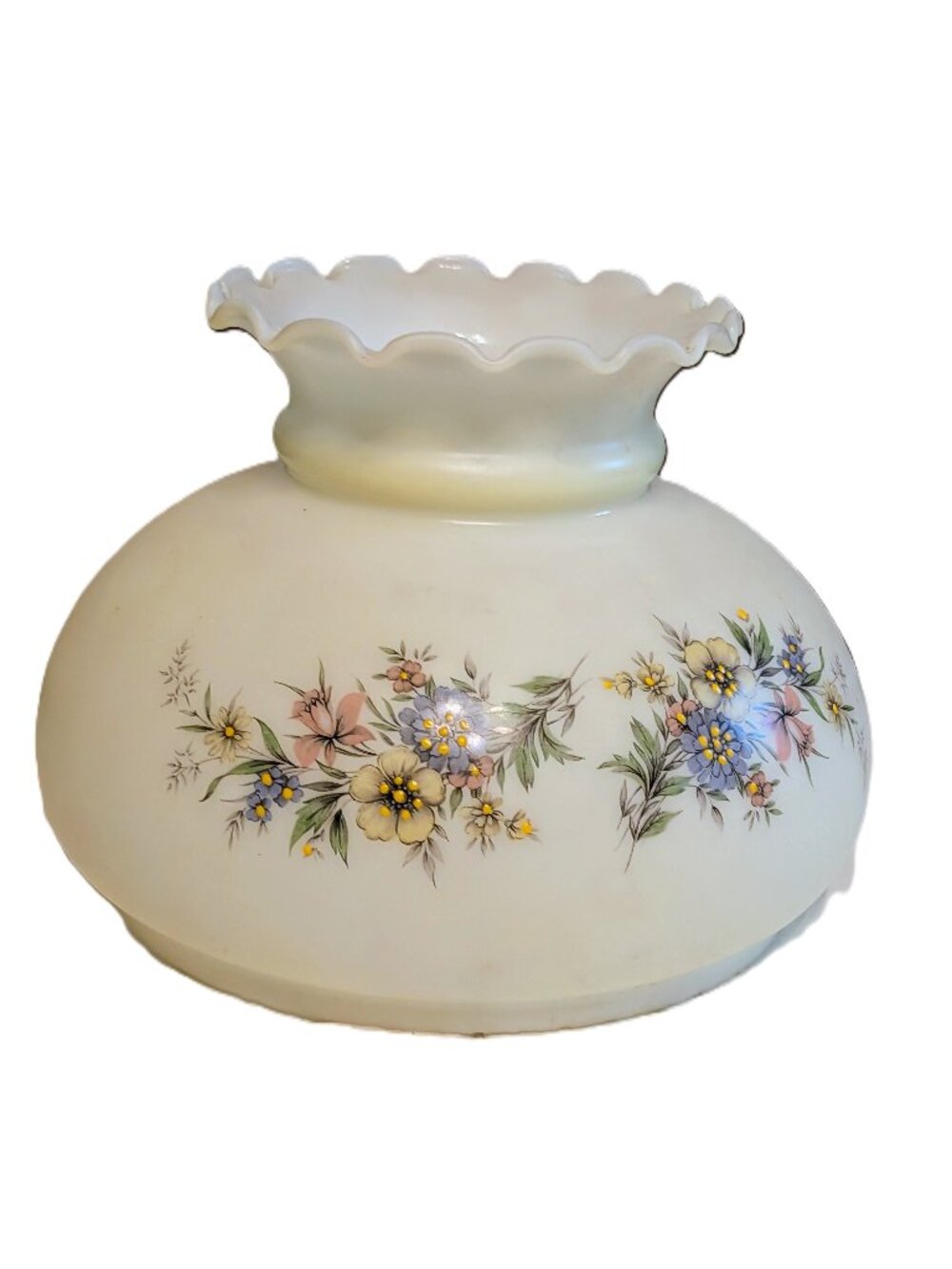 VTG Milk Glass Dresden Student Lamp Shade Floral Ruffled Crimp Top Cottagecore